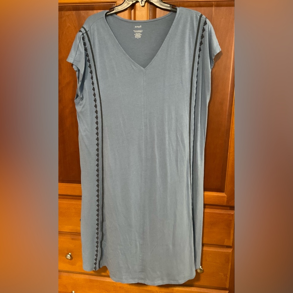 J Jill Light Blue with Navy Embroidered detail, V-Neck Dress, Size XL